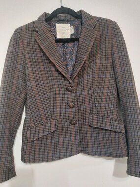 Women's H&M L.O.G.G Brown Fitted Tweed Wool Blend Blazer With Elbow Patches